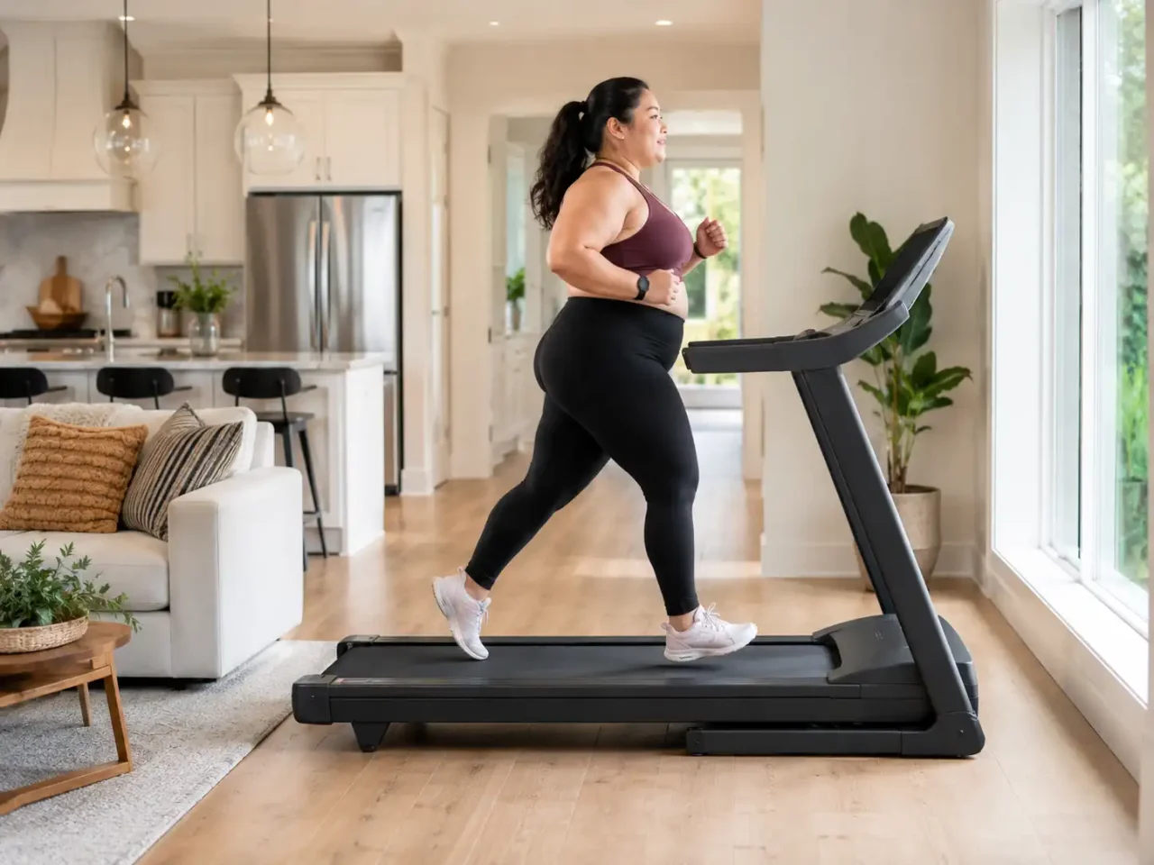 Walking on a Treadmill for Beginners Plus-size Asian woman running on a treadmill in a bright American home