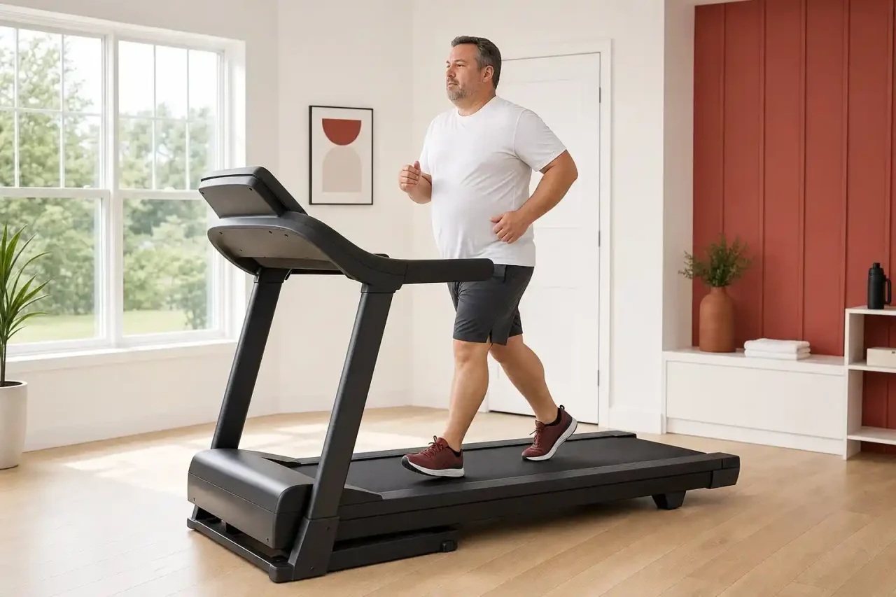 Heavy Black runner jogging at home on a model featured in our best treadmill for heavy runners guide