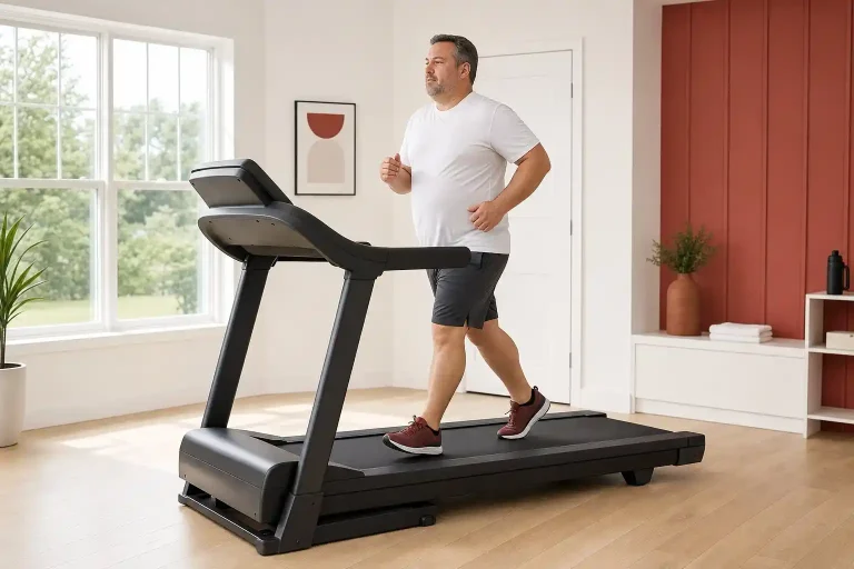 Heavy Black runner jogging at home on a model featured in our best treadmill for heavy runners guide