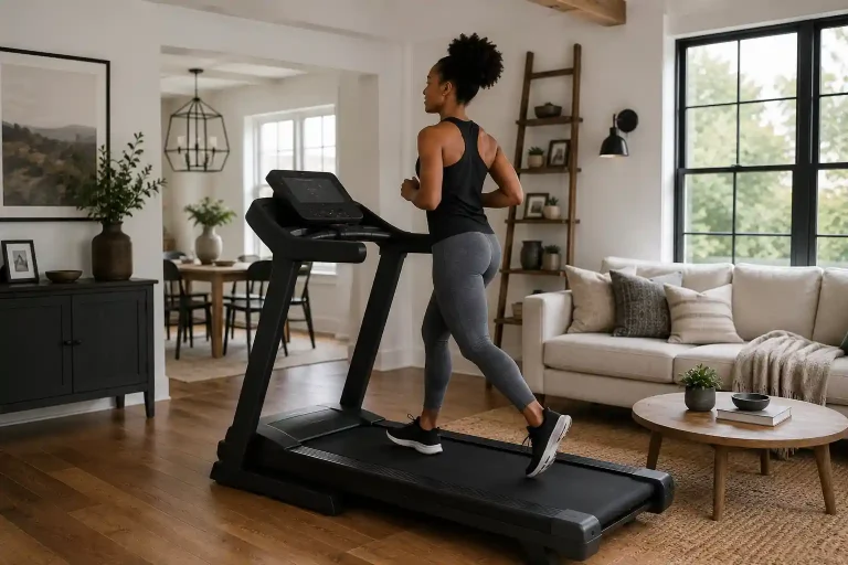 Best treadmill for home with a woman exercising in a modern home living room