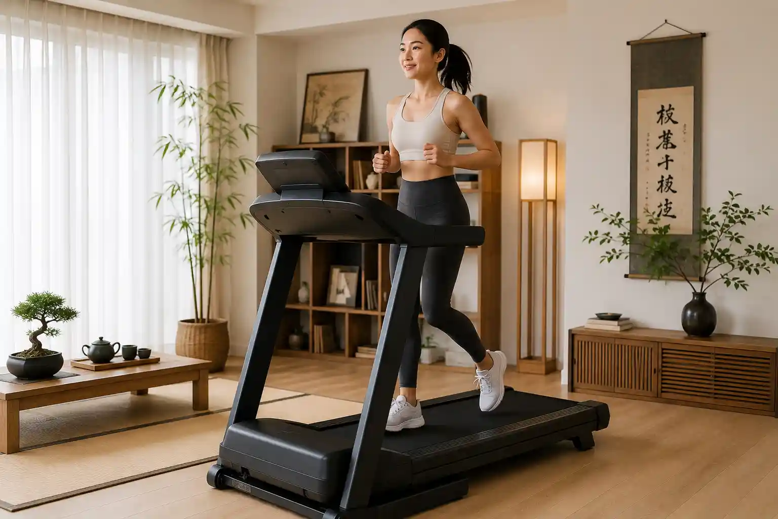 Person training on a treadmill in a minimalist home workout space