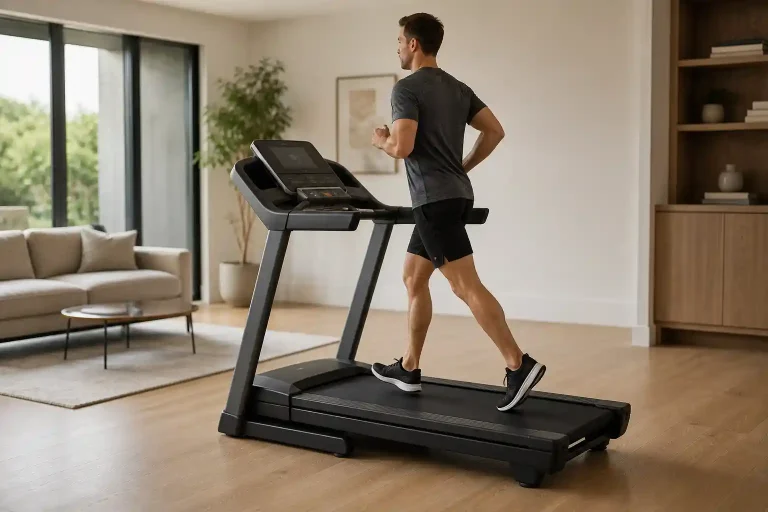 Best treadmill for home in a modern living room with a person walking on a full-size treadmill