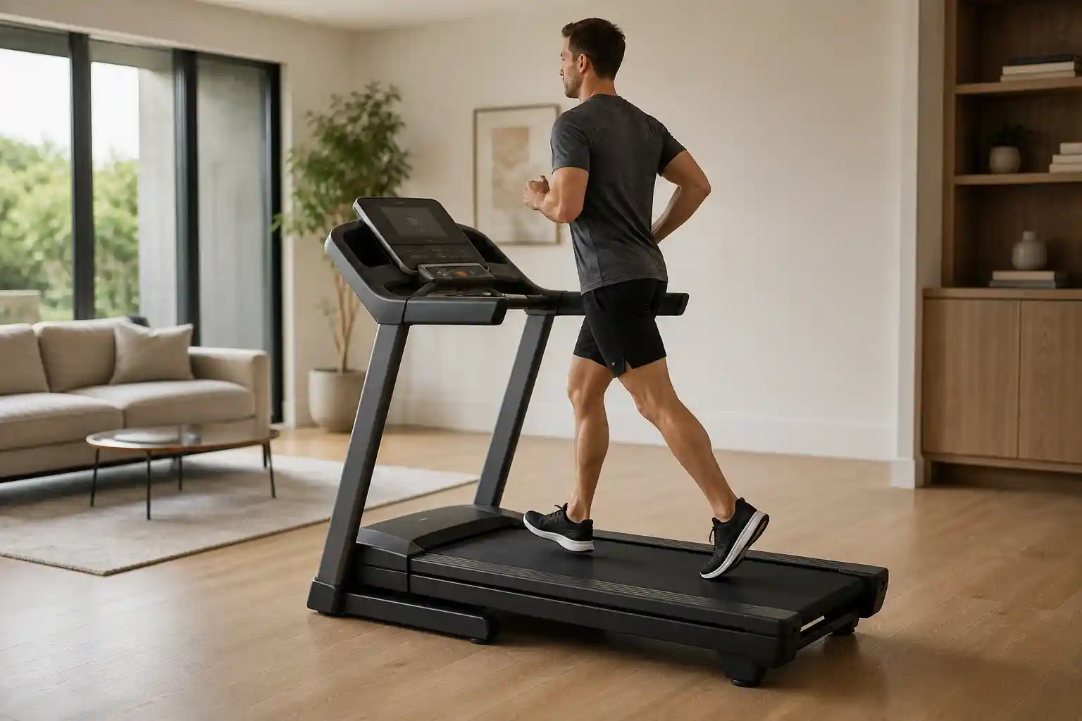 Person walking on a treadmill in a home setting