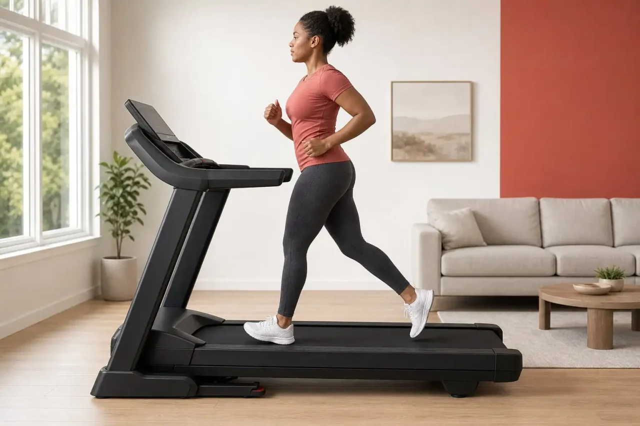 Beginner Treadmill for Home Fitness Best treadmill for jogging with a woman shown in full side profile