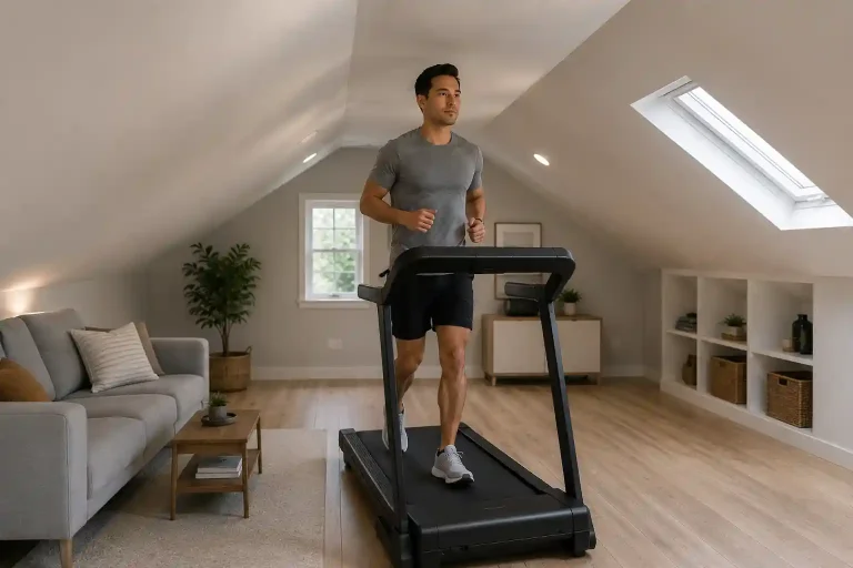 Man exercising on a treadmill in a finished attic room with sloped ceilings and limited headroom.