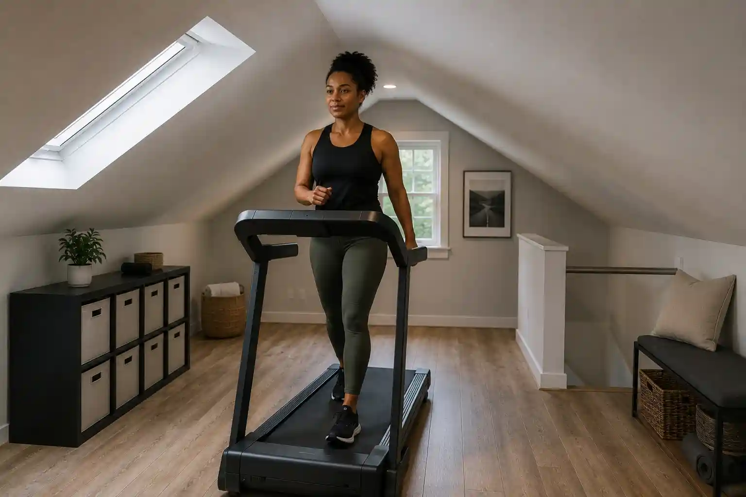 Woman walking on a treadmill in a low-ceiling attic workout room