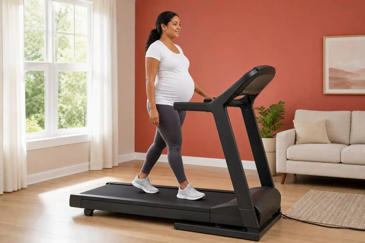 Best treadmill for pregnant women used at home beside a red accent wall.
