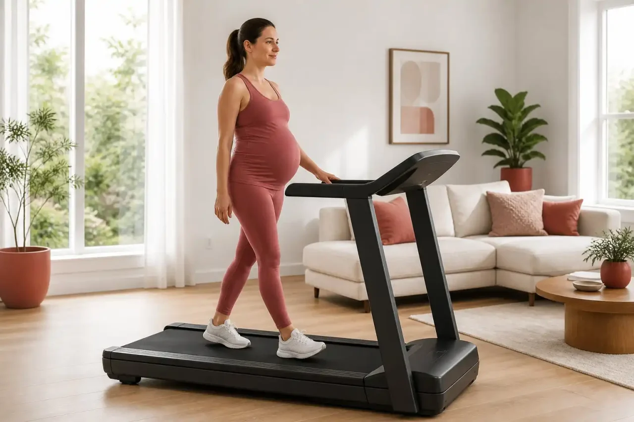 The best treadmill for pregnant women is used comfortably in a bright home living room.