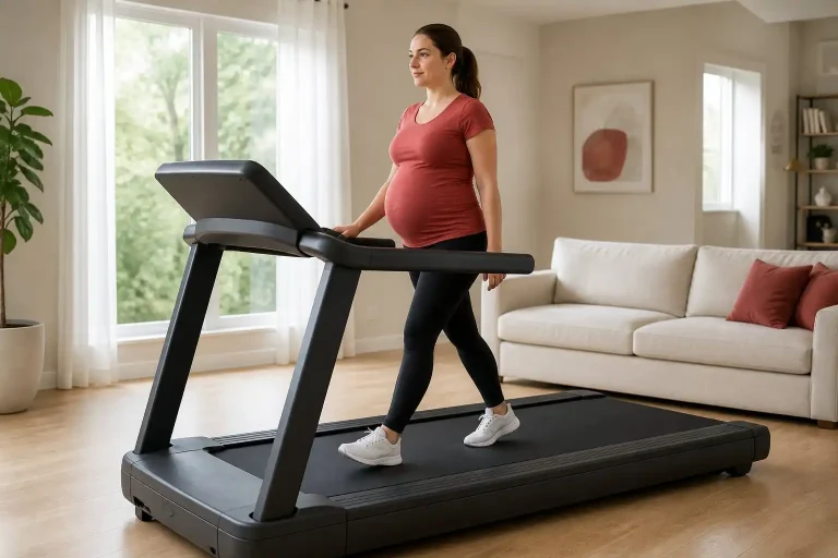 Pregnant woman walking on a wide-deck treadmill in a modern living room