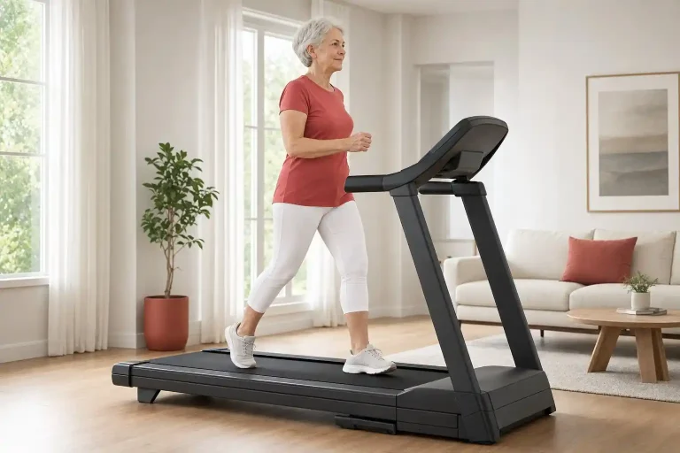 Best treadmill for seniors with an older woman walking at home