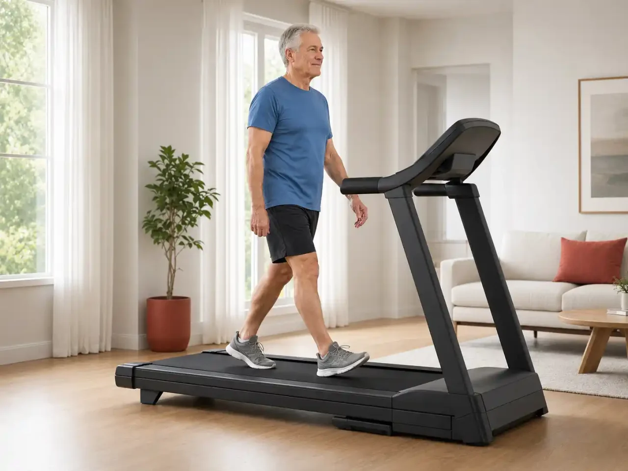 Best treadmill for seniors with an older man walking comfortably at home