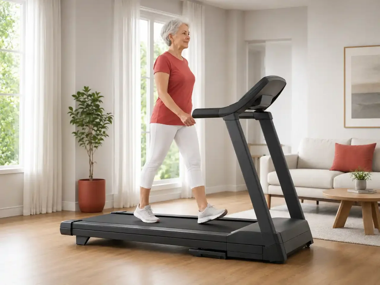 Best treadmill for seniors with a senior woman walking on a home treadmill
