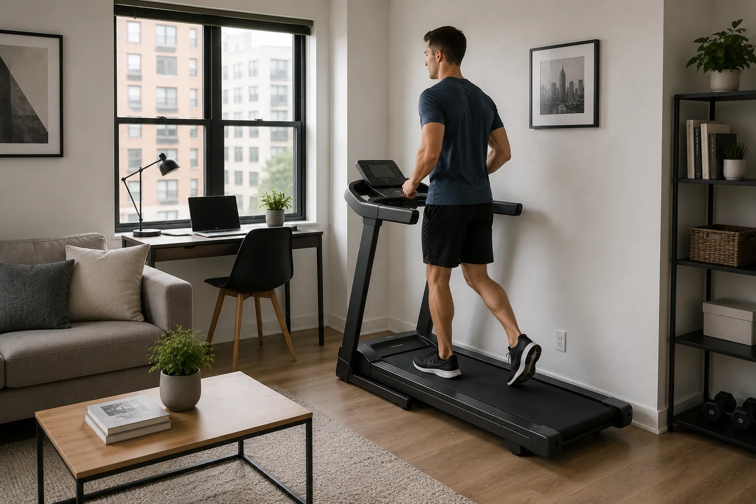 Person using a treadmill in a compact apartment workout corner