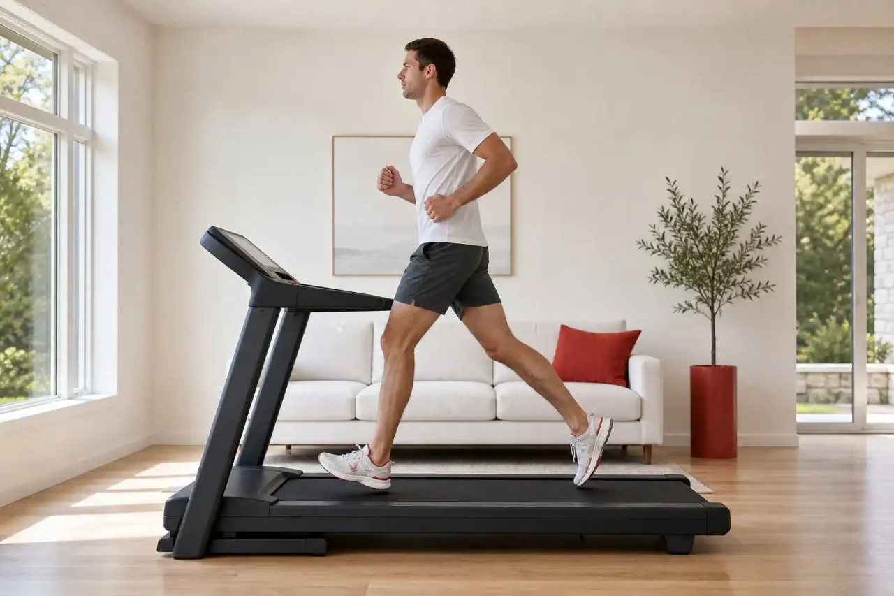 Tall athlete running on the best treadmill for tall runners with a full-length belt