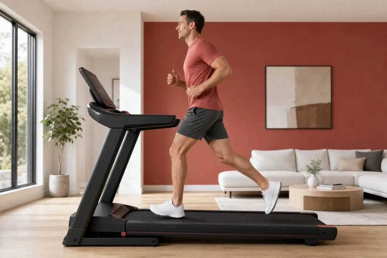Tall man with a long running stride using the best treadmill for tall runners in a modern home