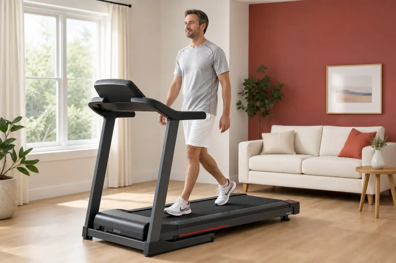 Man exercising on the best treadmill for walking in a modern home living room