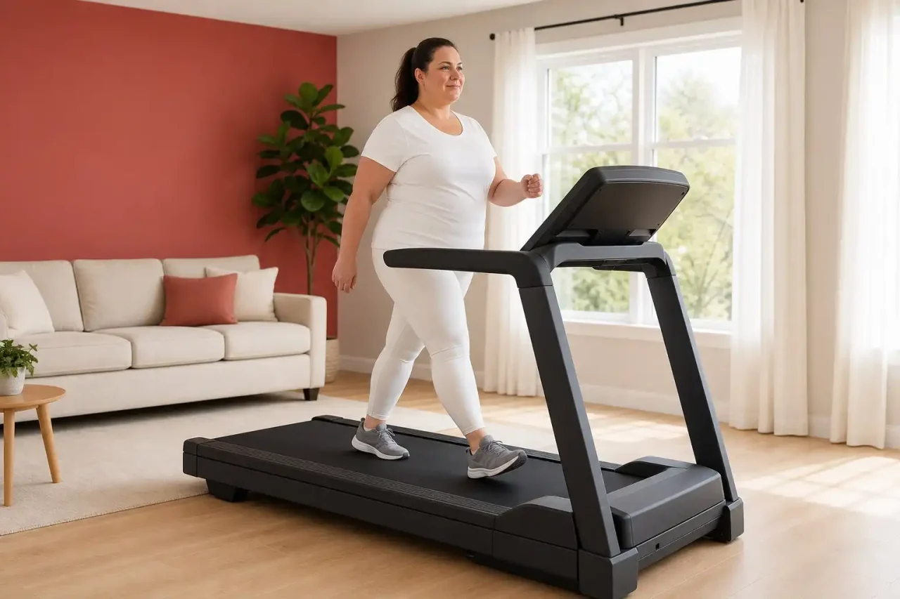 Walking on a Treadmill for Beginners Overweight woman using the best treadmill for walking in a bright living room