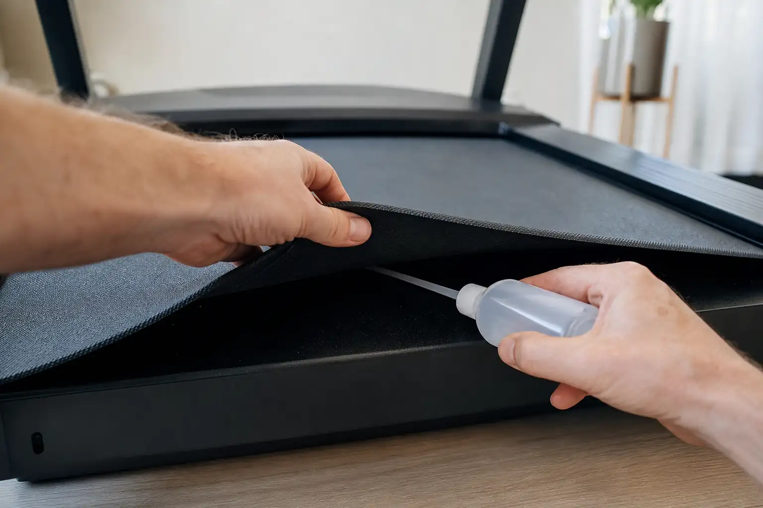 Applying silicone lubricant under a treadmill belt with an extension tube