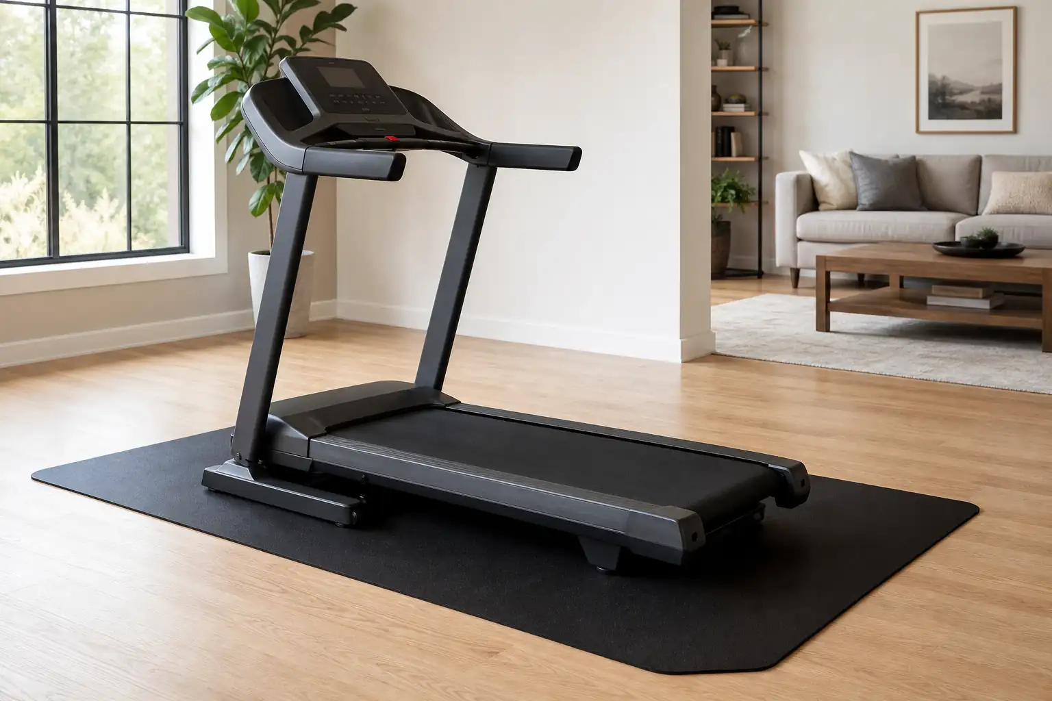 Home treadmill on an equipment mat on a hardwood floor