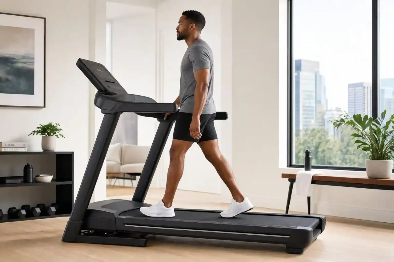 Man using a treadmill in a modern home gym