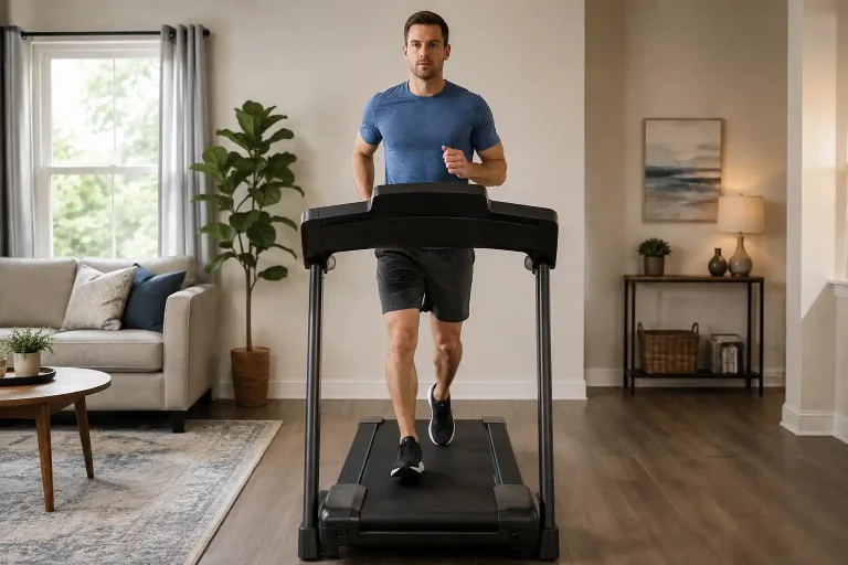 White American man running on the best treadmill under $1000 in a modern home interior