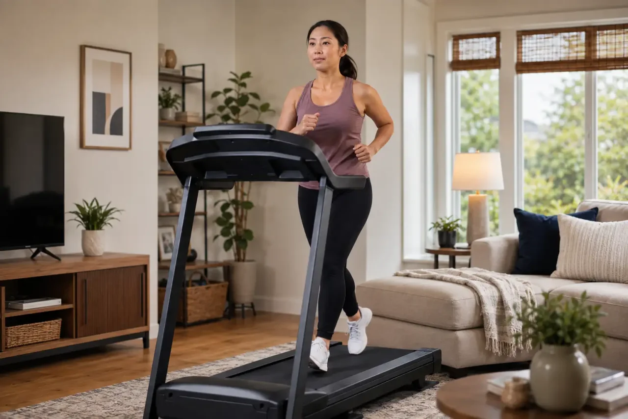 Best Treadmill Under $1500 in a Home Gym for Running Asian American woman running on the best treadmill under $1500 in a modern American living room