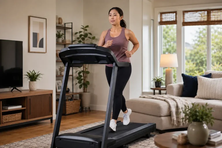 Asian American woman running on the best treadmill under $1500 in a modern American living room