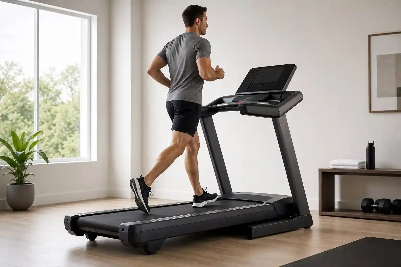 Person running on a full-size treadmill during a demanding home workout