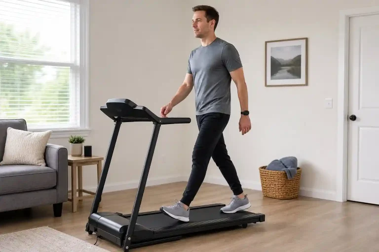 Man walking on the best treadmill under $500 in a modern home living room