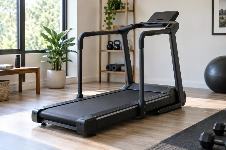 Best treadmill with handle used for supported walking in a bright home gym