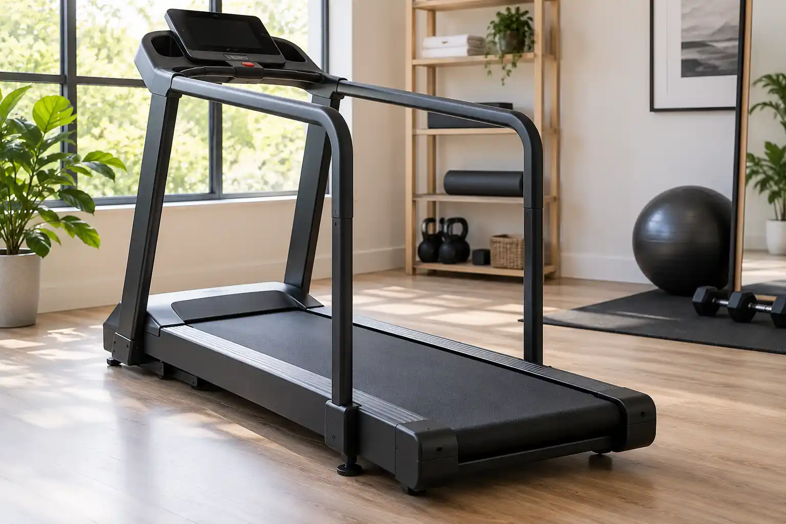 Best treadmill with handle showing supportive handrails in a home gym