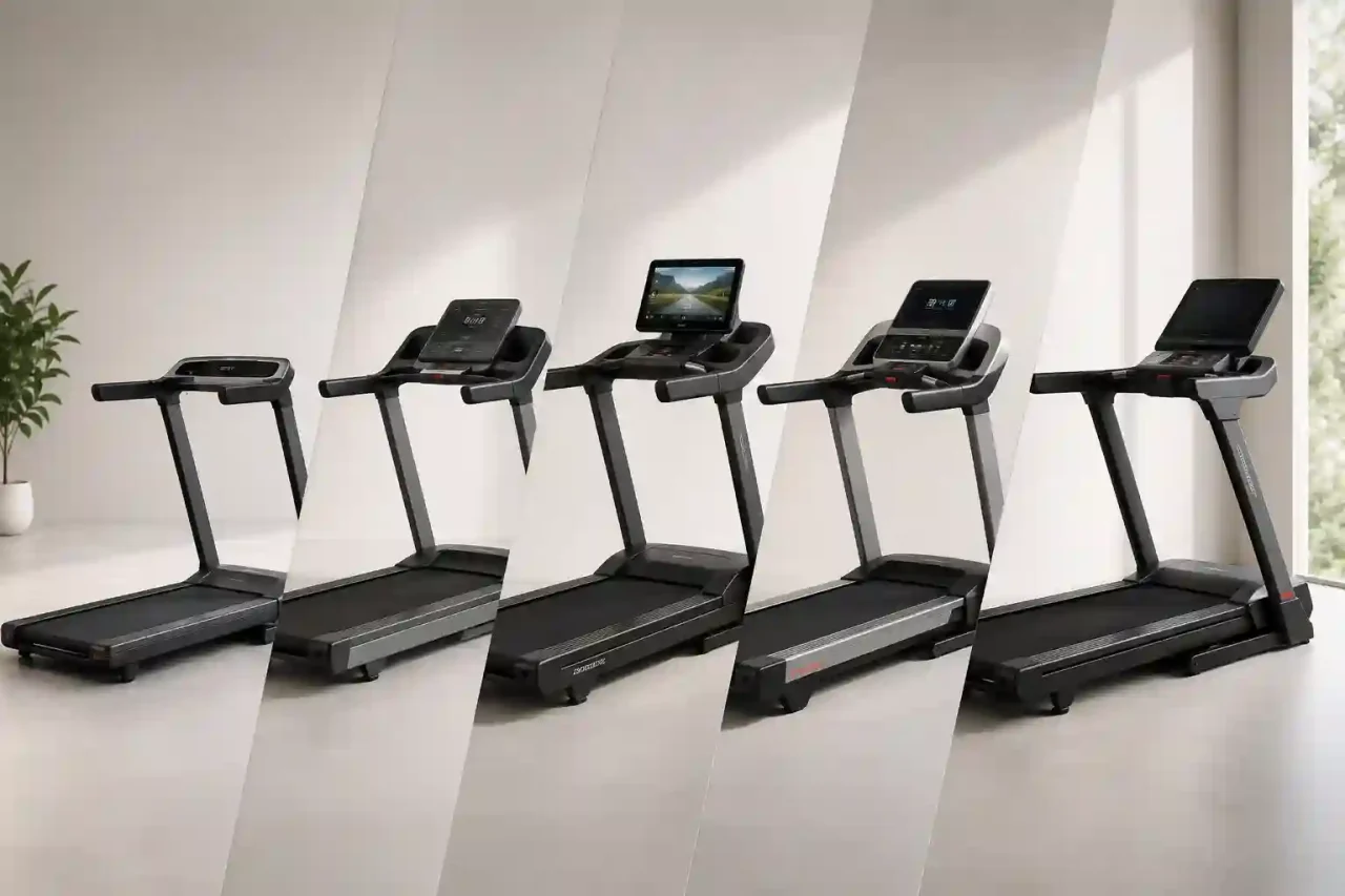 Comparison of several modern home treadmills displayed side by side in a minimalist fitness studio