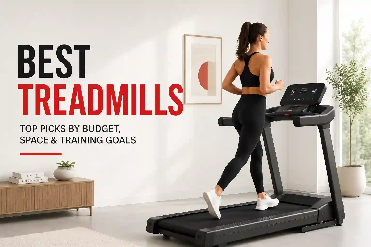 Person running on a treadmill in a home fitness space