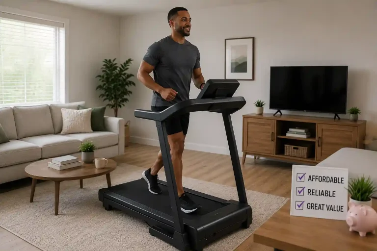Black man using the best value treadmill in a modern home while highlighting affordability and reliability.