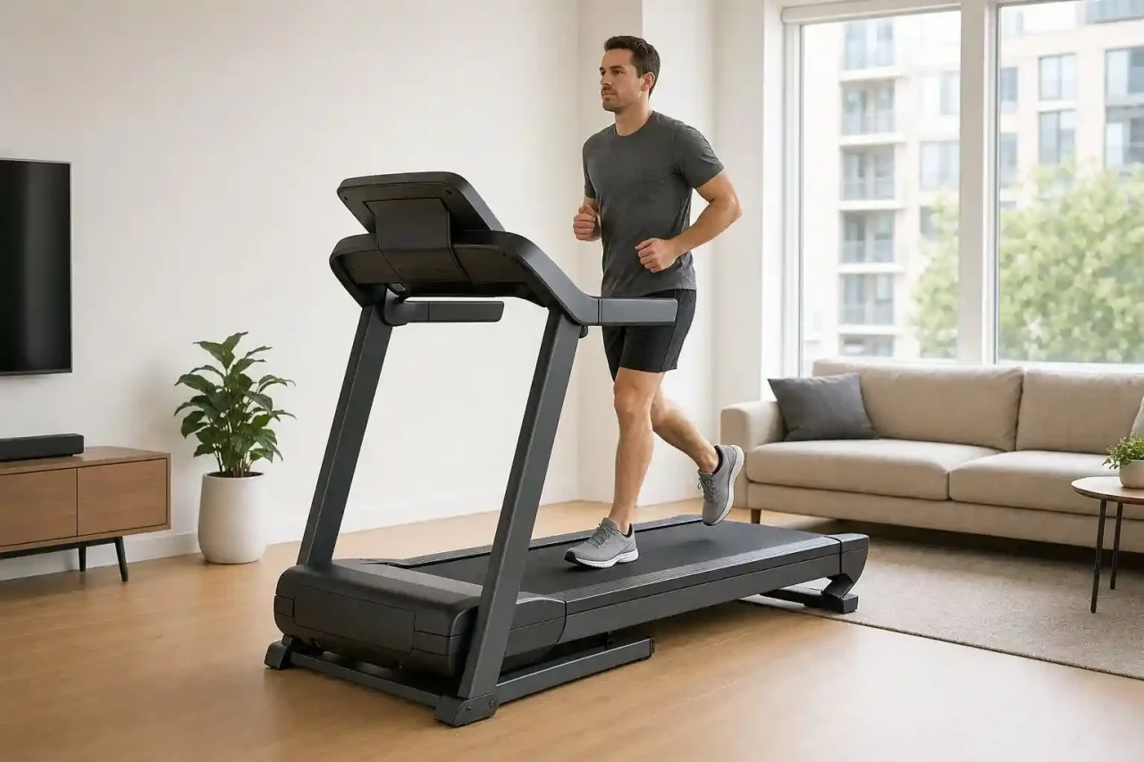 Man running on the best value treadmill in a bright modern living room.