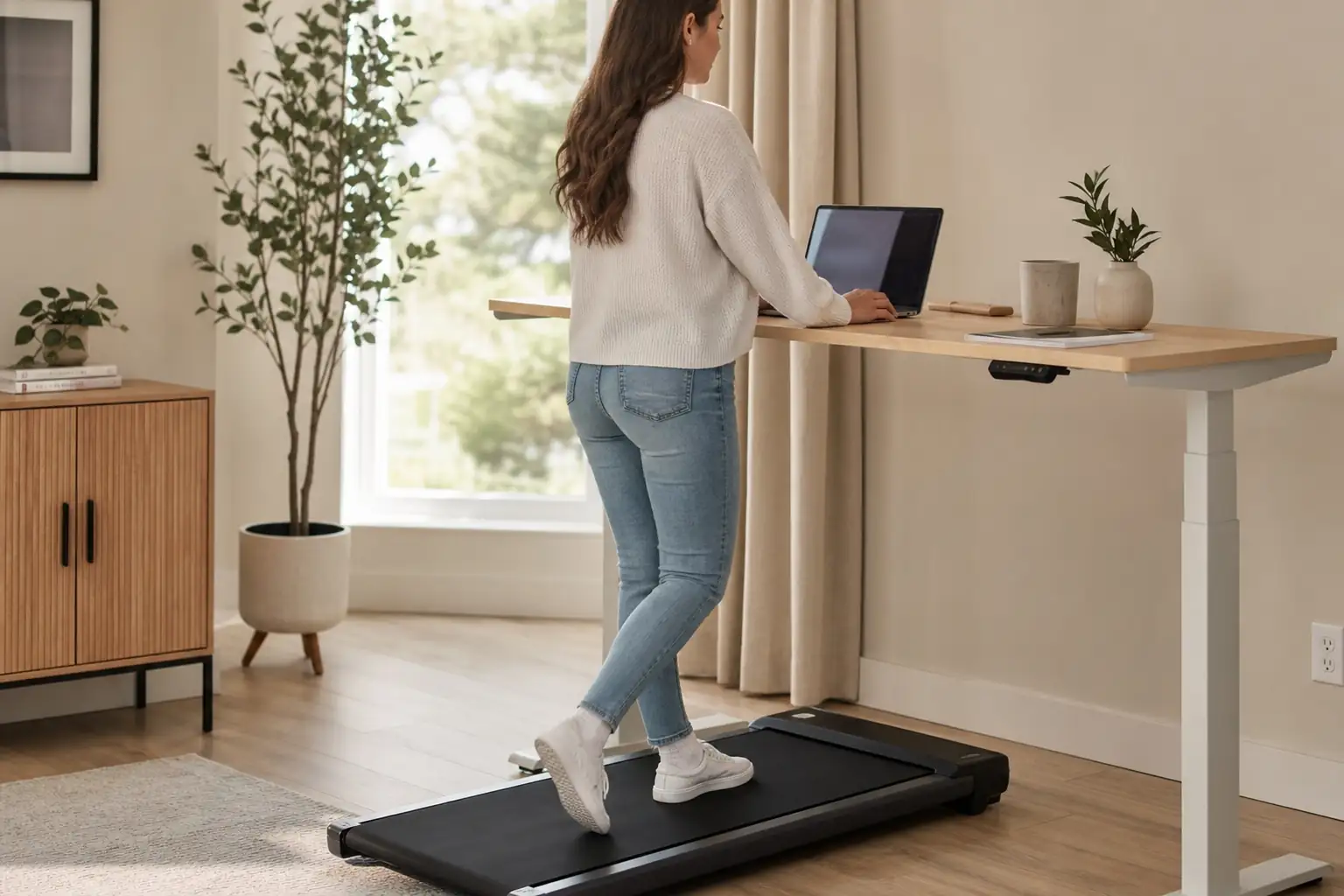 Person walking on a walking pad at an electric standing desk