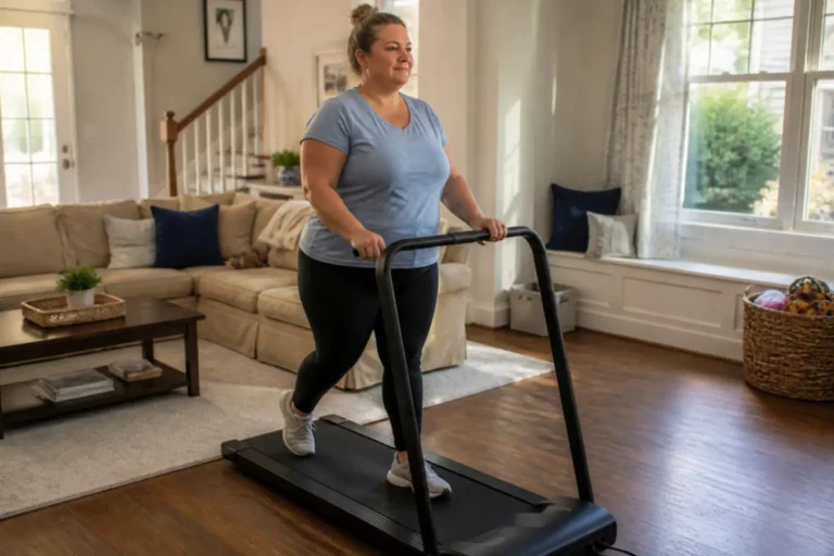 Plus-size woman walking on the best walking pad for plus size in her family room