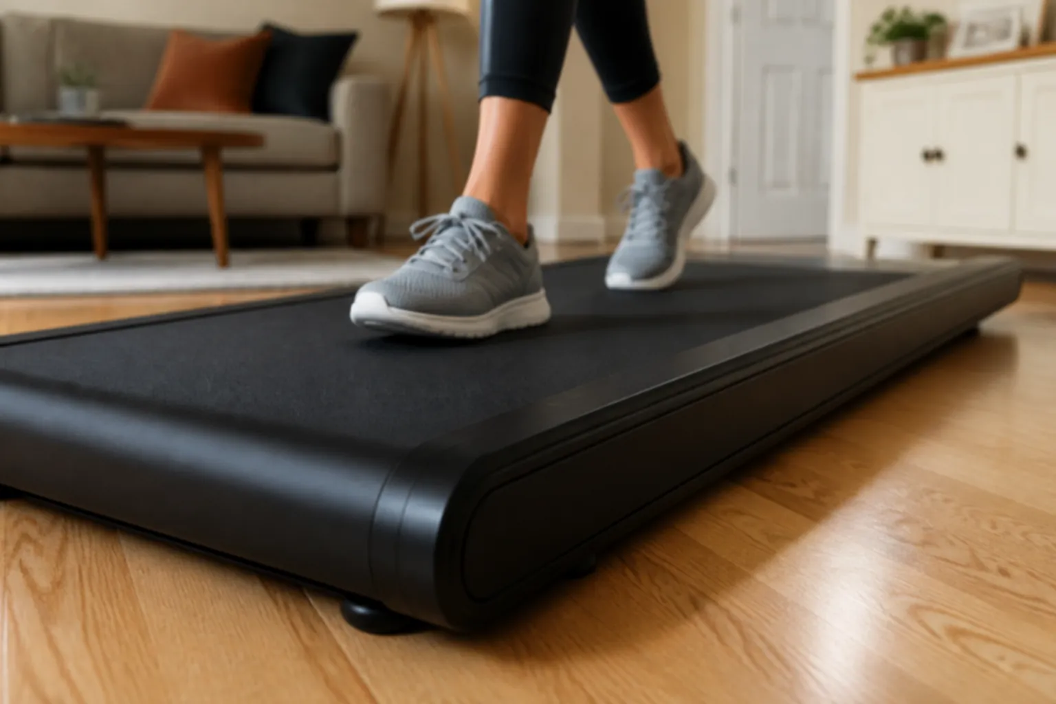Wide walking pad belt and cushioned deck seen up close
