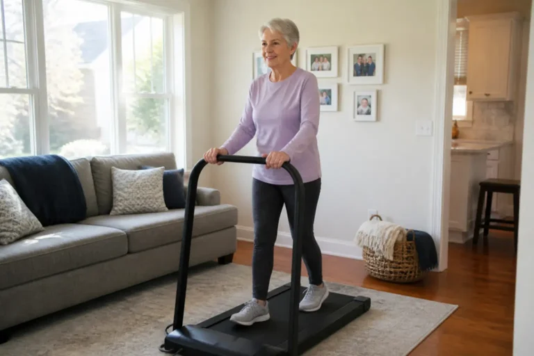 Older woman walking on the best walking pad for seniors in her living room