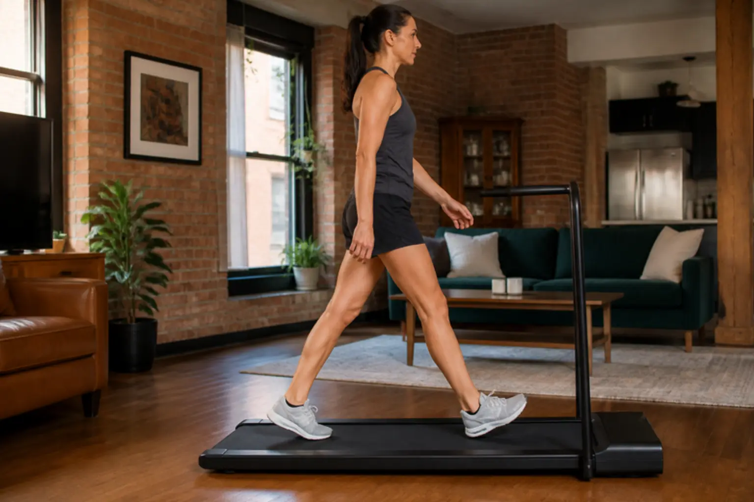 Tall woman walking on a walking pad with a long stride at home