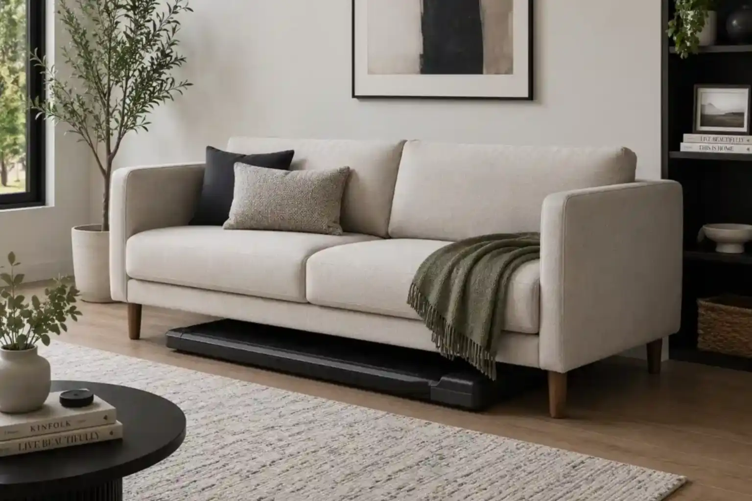 Walking pad stored flat under a sofa in a small living room