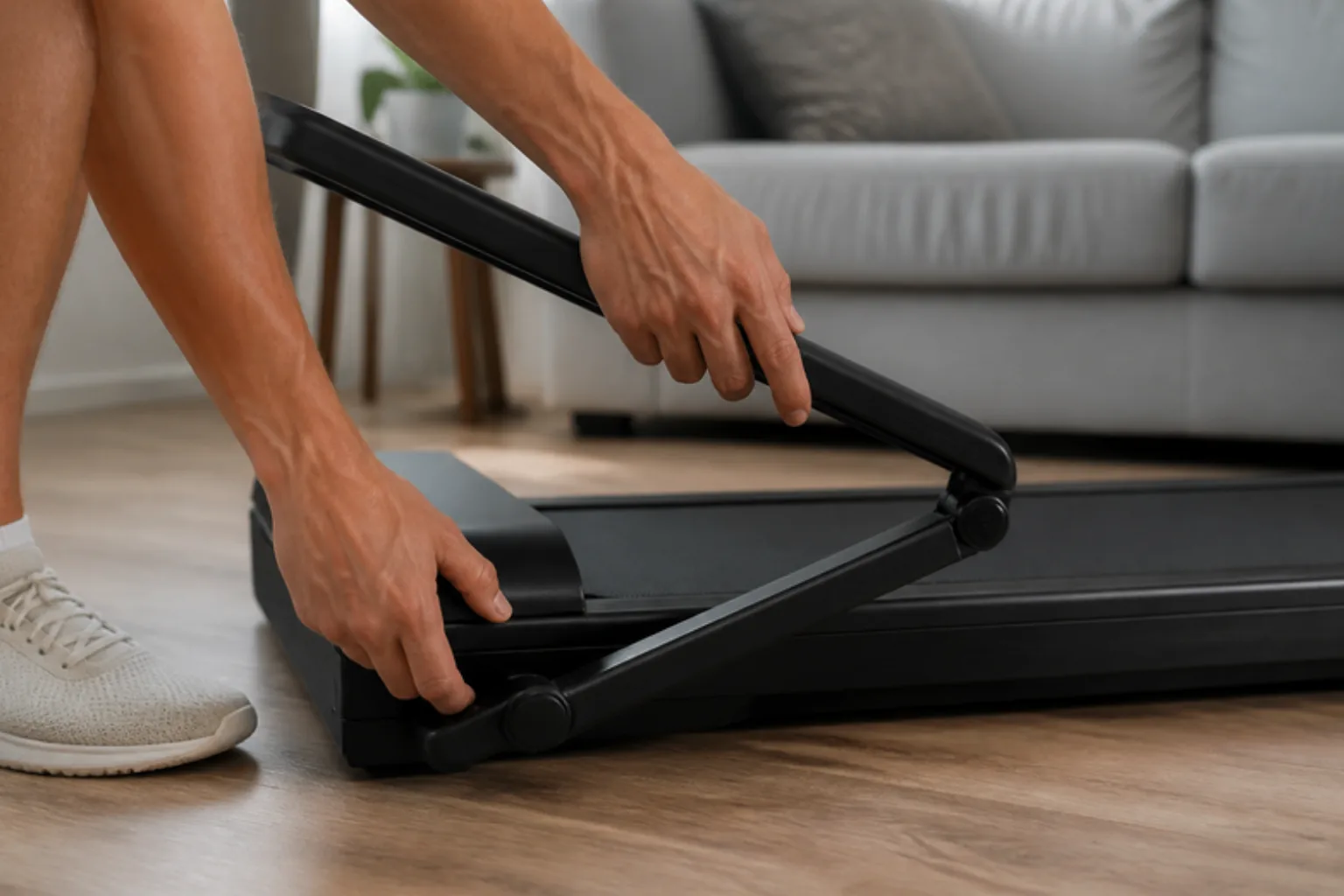 Hands folding down the handlebar of a walking pad