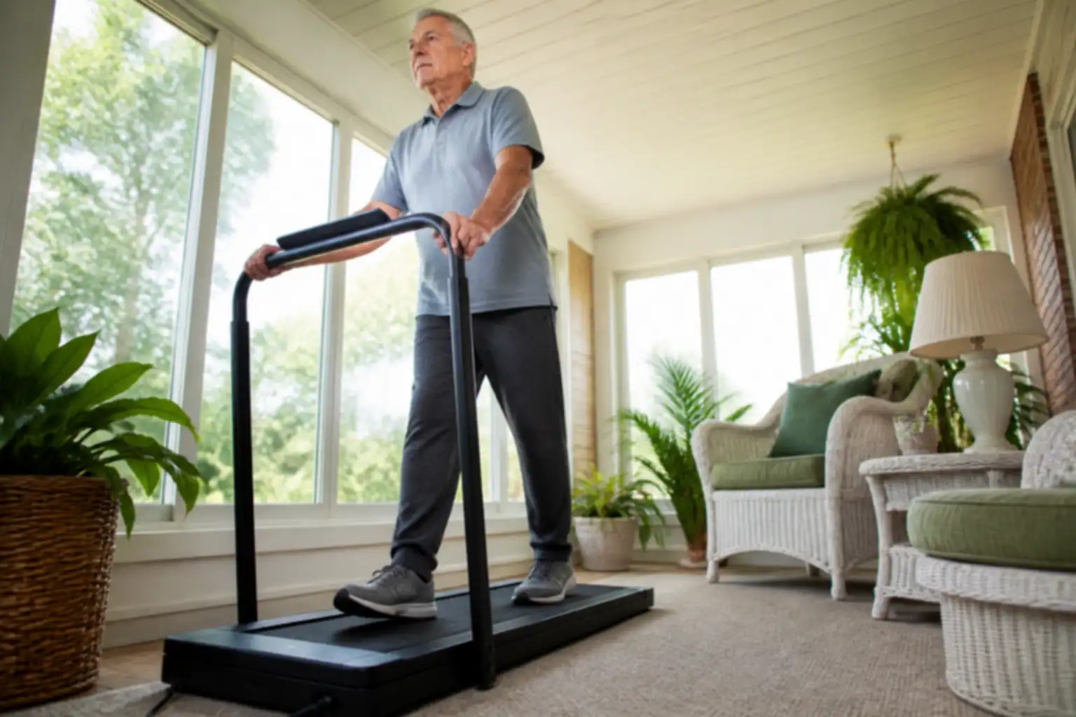 Man holding the handlebar of a walking pad in a sunroom