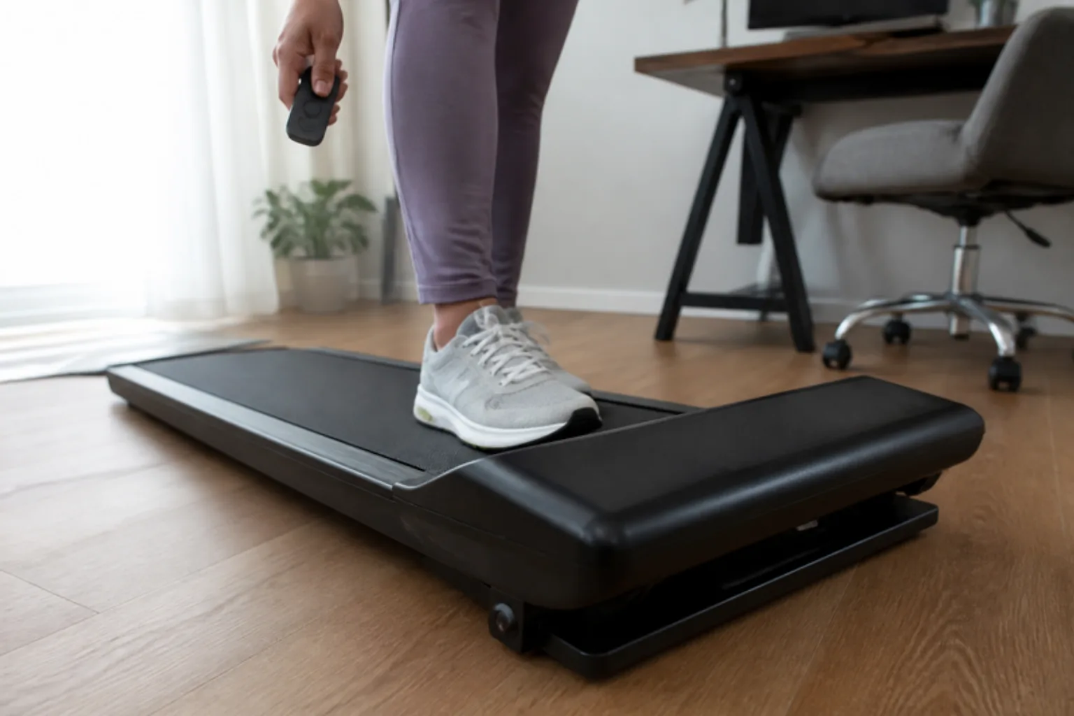 Walking pad lifted on an incline, adjusted with a remote