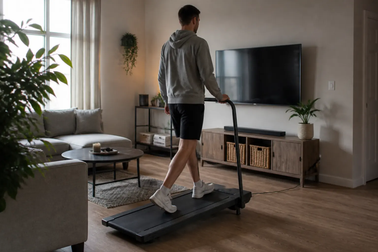 Man walking on an inclined walking pad in his living room