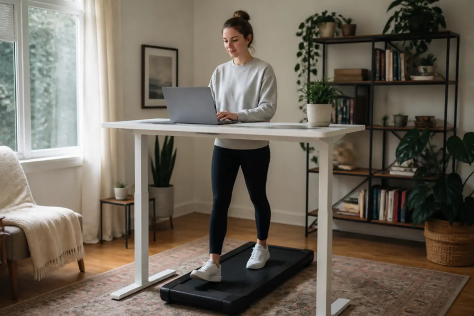 Woman walking on the best walking pad at a standing desk at home