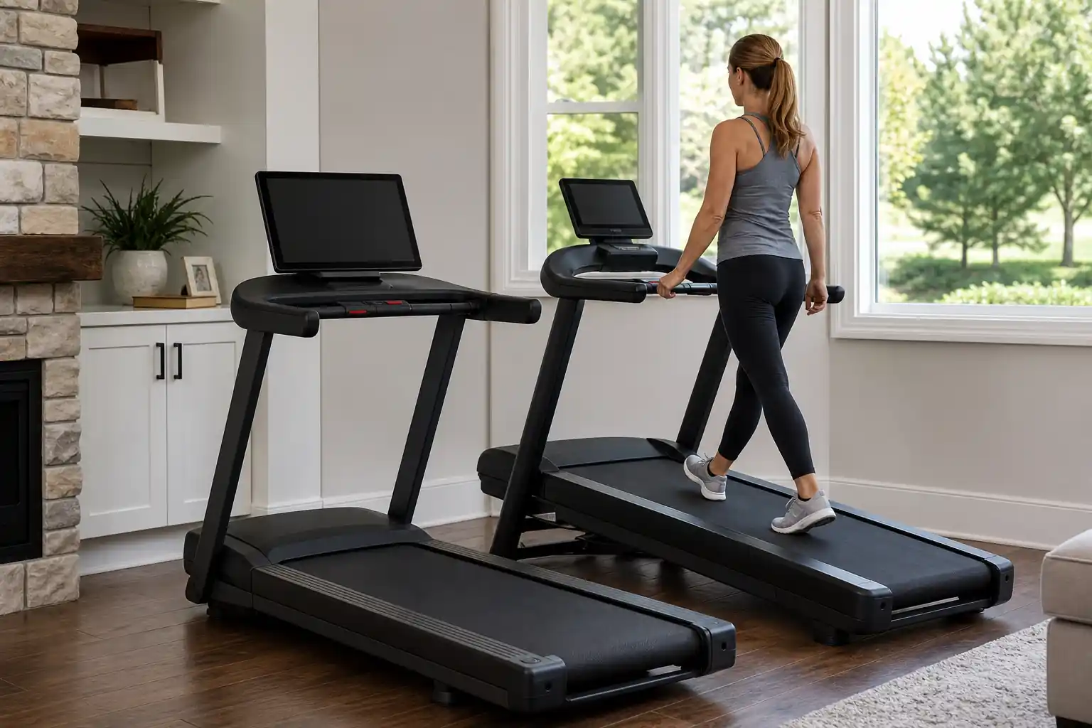 Bowflex vs nordictrack treadmill: two generic black home treadmills side by side in a modern living-room corner, one with a large blank touchscreen co