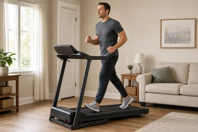 Adult man using the best treadmill under $500 for home cardio workouts