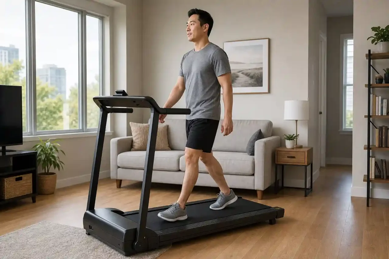 Man walking on a cheap treadmill in a bright apartment living room