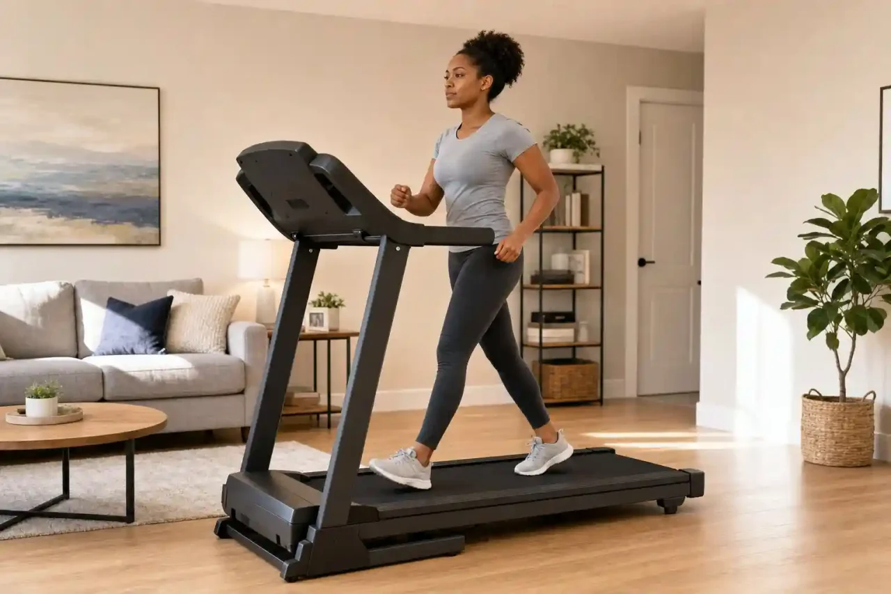 Woman using a compact cheap treadmill in a small home workout space